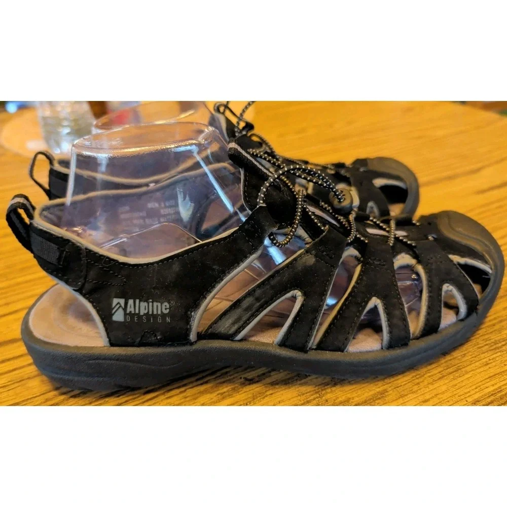 Men's ALPINE DESIGN Black Suede Leather Gray Trim Hiking Sandals Size 9